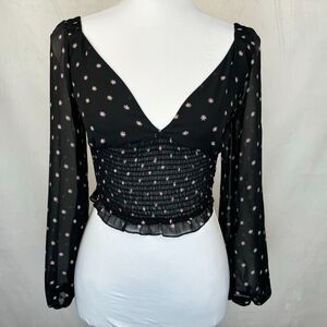 Princess Polly Cropped Top Sz 2 Black Daisy Floral Sheer Long Sleeve Smocked